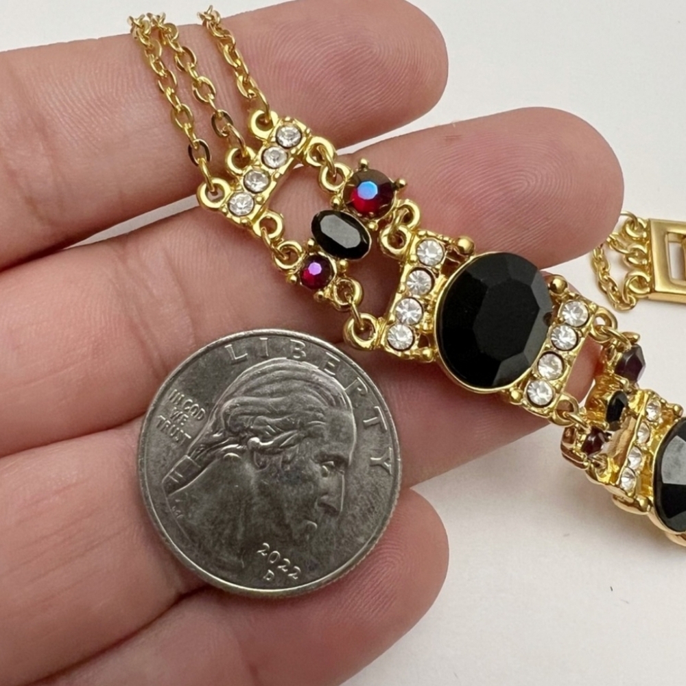 Vintage Monet Black AB Clear Crystal Rhinestone Triple Chain Collar Necklace16
